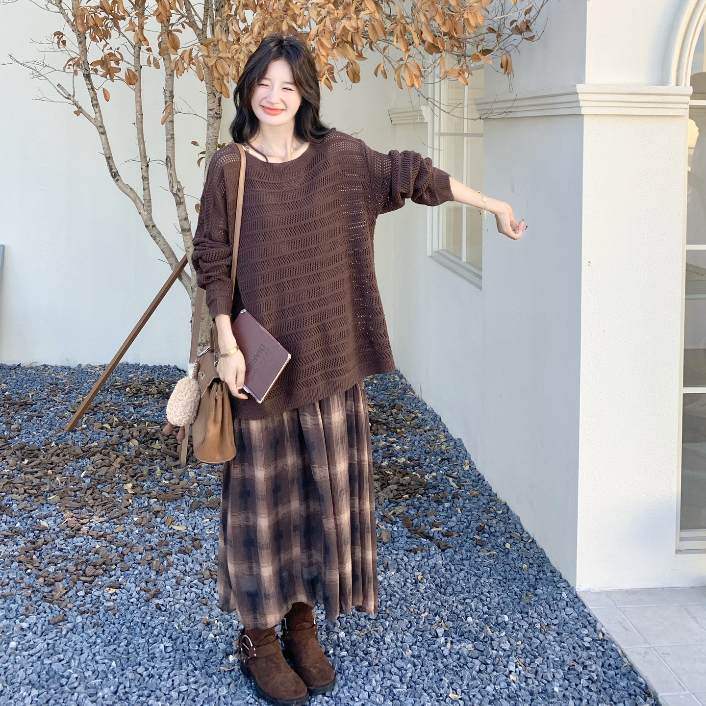 美拉德复古咖色镂空针织衫格纹吊带裙套装女2025秋季高级感两件套