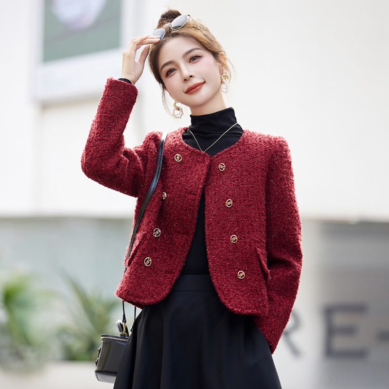 红色小香风毛呢外套女2025秋秋新款法式气质百搭粗花呢子上衣