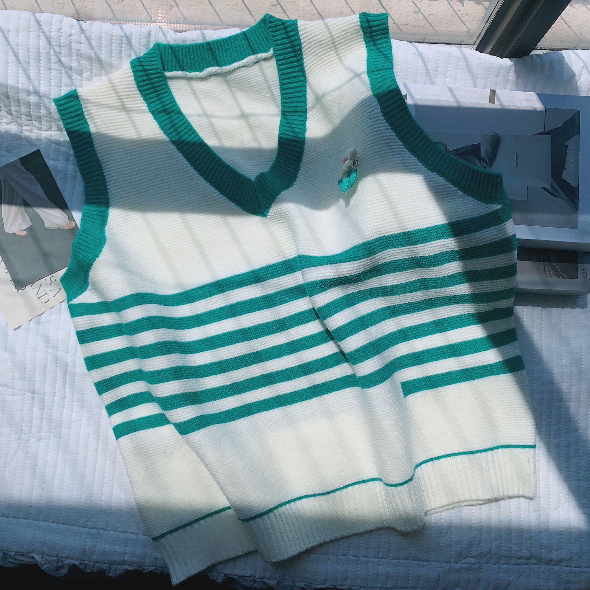 针织马夹v领无袖毛衣背心大码女装微胖宽松显瘦慵懒学院可爱减龄