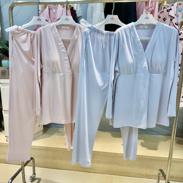 月子服哺乳睡衣女长袖长裤套装棉固定胸垫可调节腰头孕妇家居服