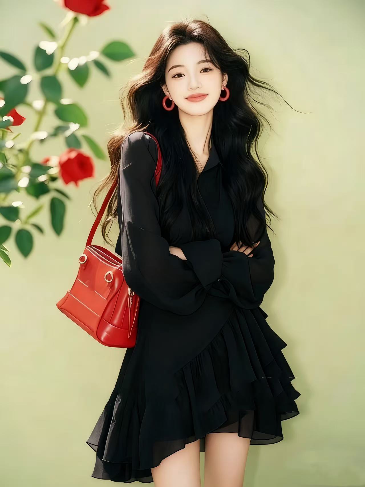 小众高级气质少女感黑色长袖修身收腰不规则连衣裙女氛围感女装
