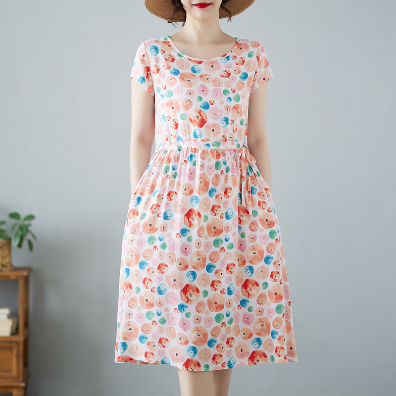 棉绸短袖连衣裙女夏新款时尚宽松居家外穿系带收腰过膝中长款裙子