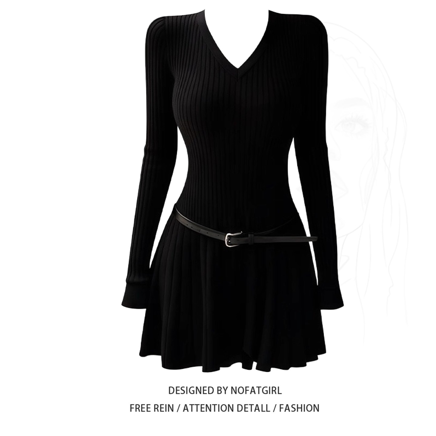 大码胖MM法式黑色V领长袖针织连衣裙女秋冬新款修身收腰百褶短裙