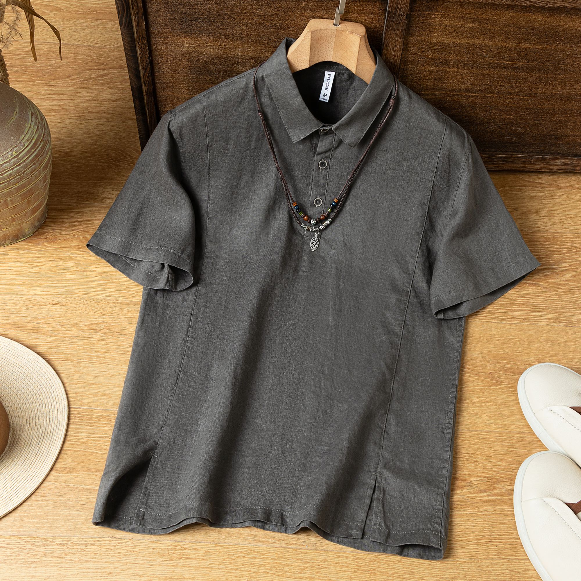 polo衫亚麻短袖男款老钱风商务男装高级感棉麻衬衫领半袖t恤上衣