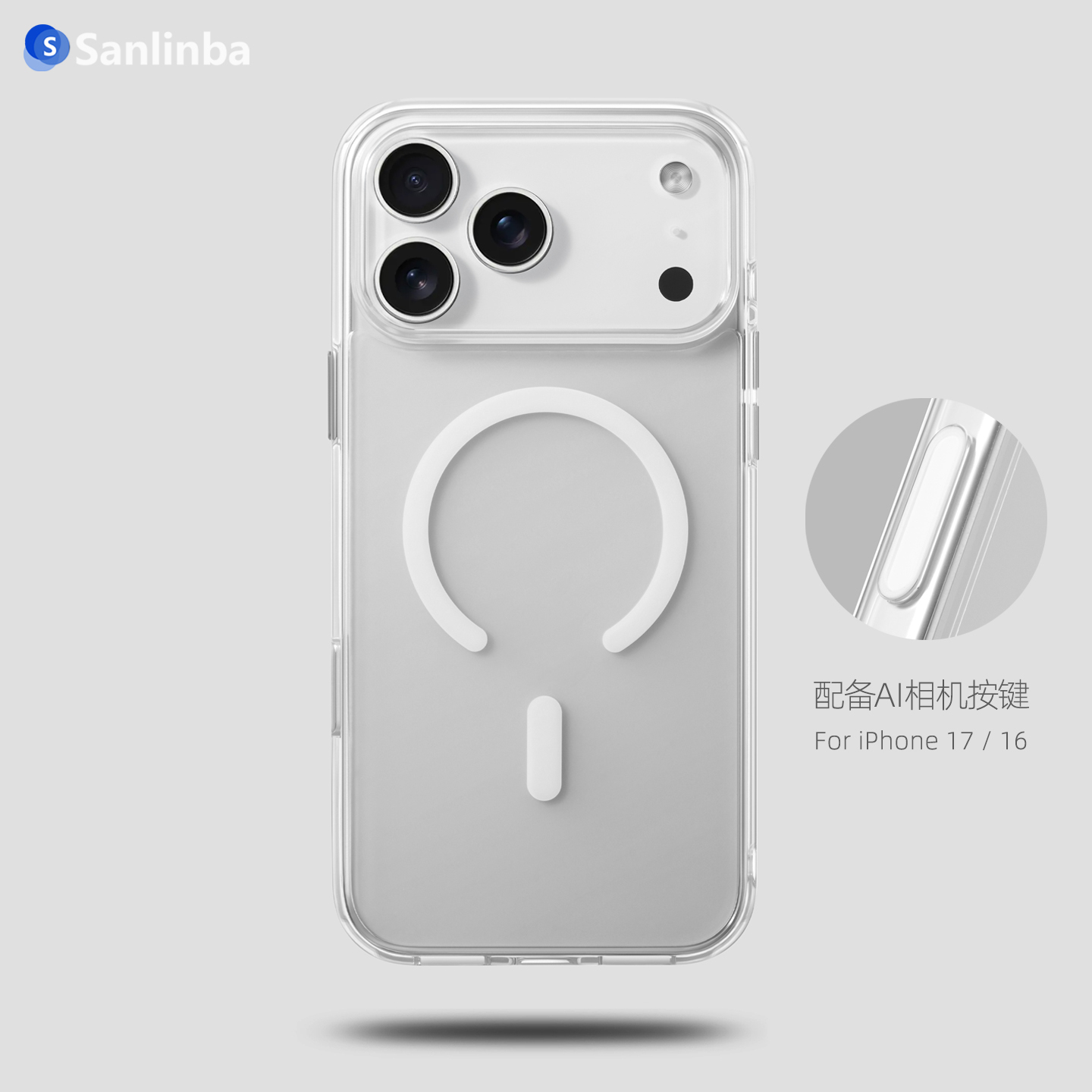 Sanlinba配备拍照按键新款AG磨砂透明磁吸手机壳适用苹果iPhone17