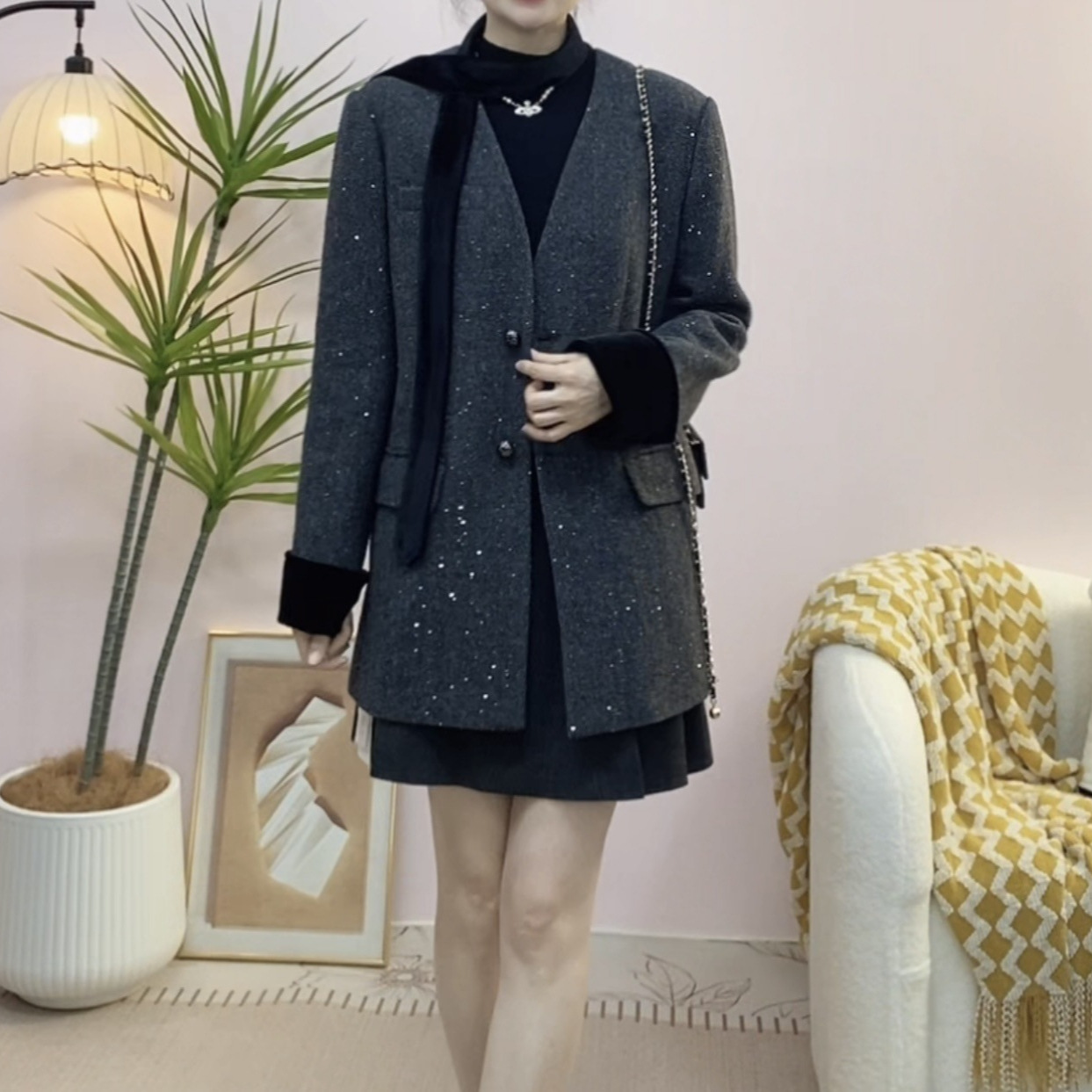 003时尚气质飘带重工亮片V领收腰显瘦西服外套003/FZC