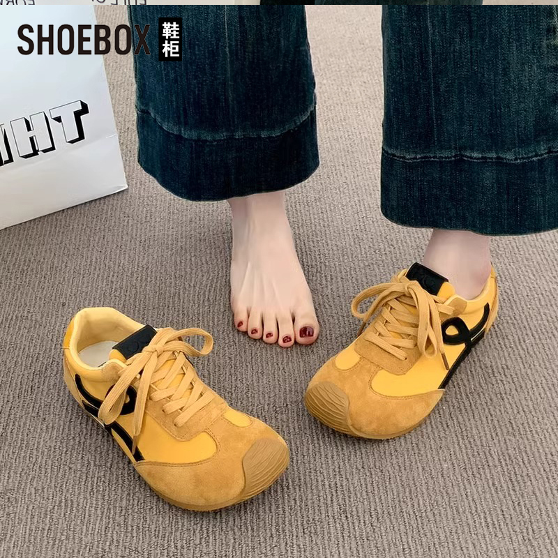 SH0EBOX鞋柜黄色增高休闲板鞋女2025秋新款厚底拼色阿甘德训鞋