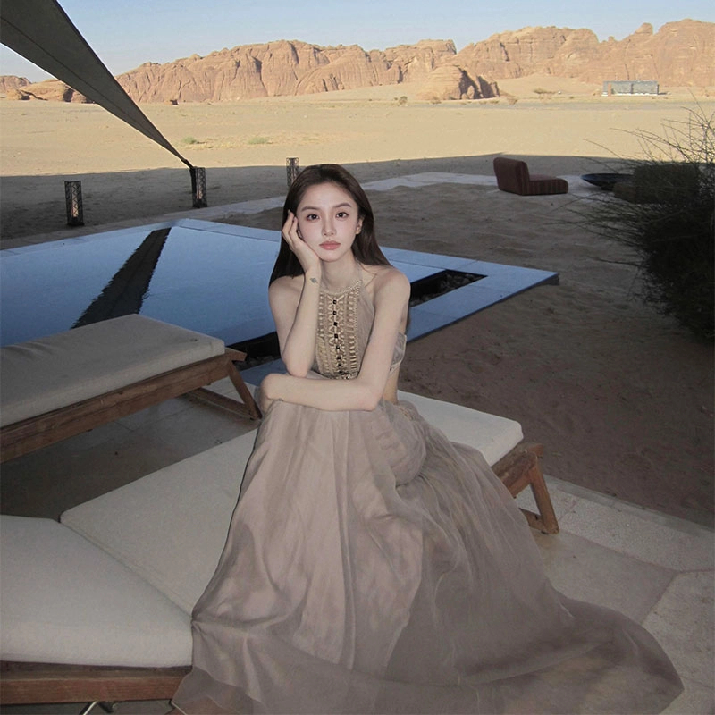 ins气质法式古早感美女长款裙子2025夏季新款刺绣薄纱露背连衣裙