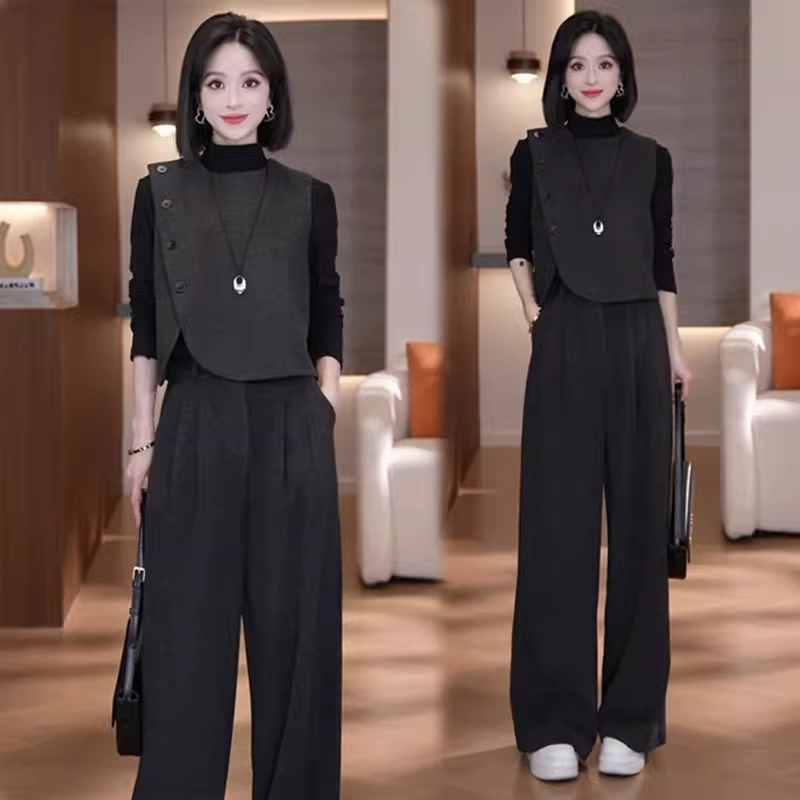 时尚套装女2025秋季新款时髦洋气设计感马甲打底衫阔腿裤三件套潮