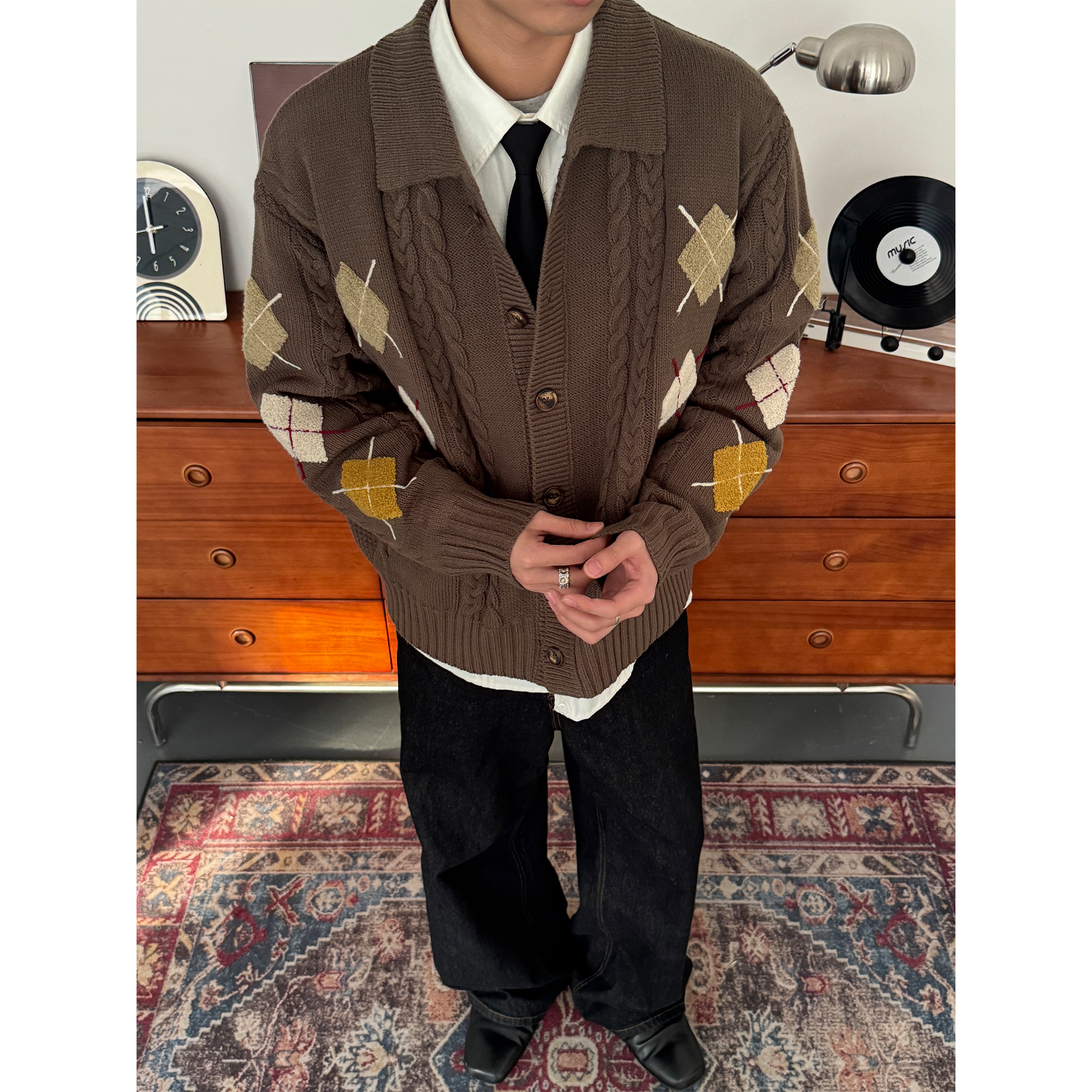 CZ2秋冬麻花纹菱格氛围感针织衫男女宽松休闲慵懒感松弛开衫毛衣