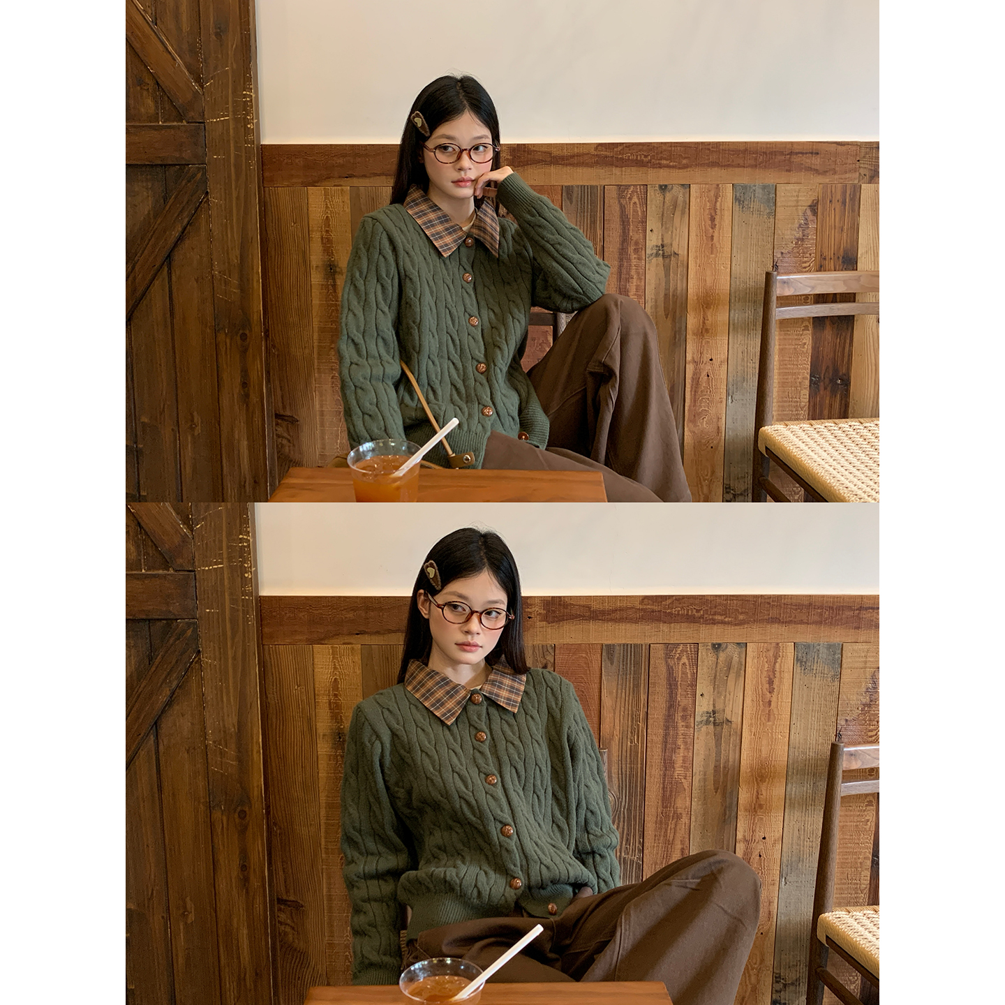 宋正恩橄榄绿拼格子针织毛衣开衫女款巨好看翻领秋冬外套ST2351