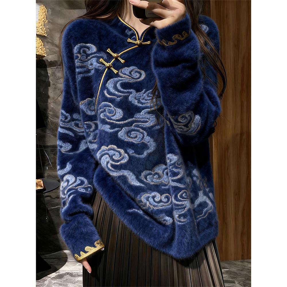 独特高端新中式国风毛衣女2025冬季新款爆款慵懒宽松超火针织上衣