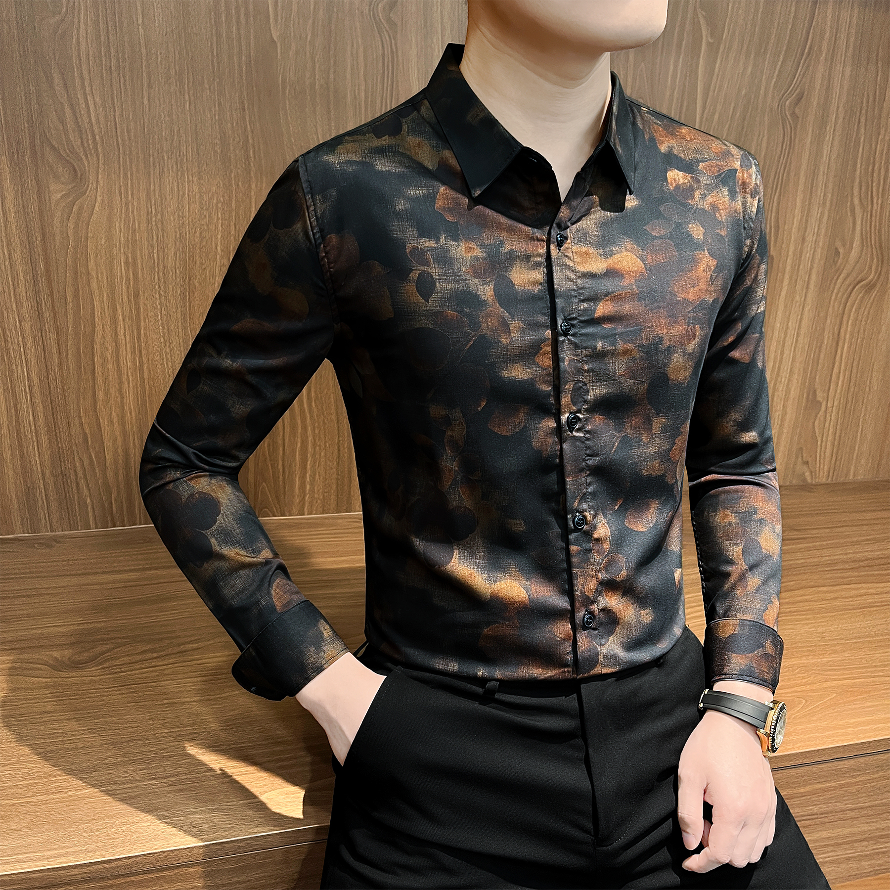 印花长袖衬衫男款秋季2025新款网红款潮流男装高级感休闲男士衬衣