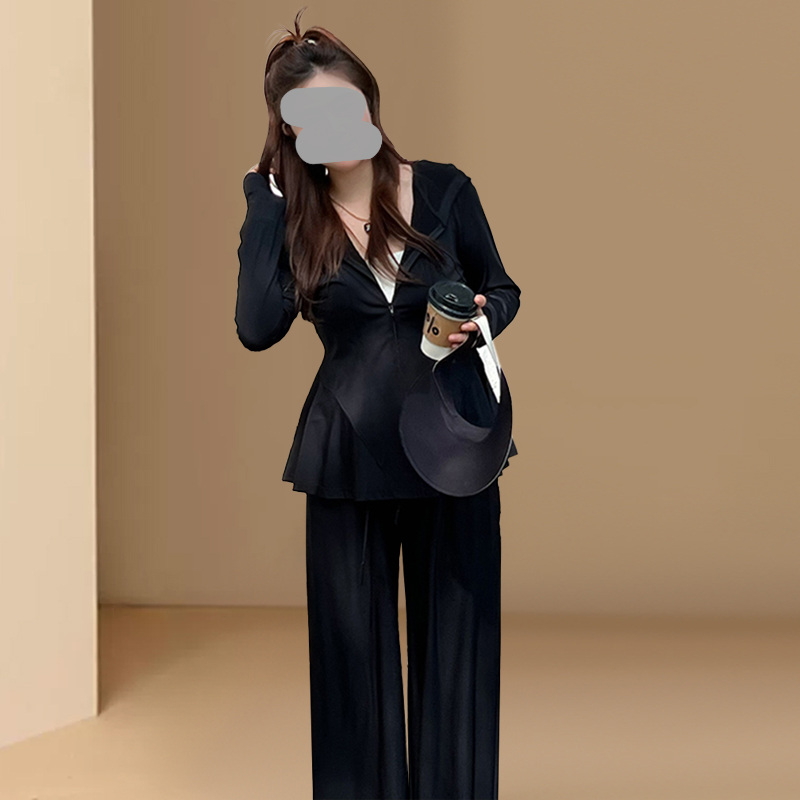 茶系穿搭一整套休闲套装女防晒开衫连帽垂感拖地裤时尚跑步两件套