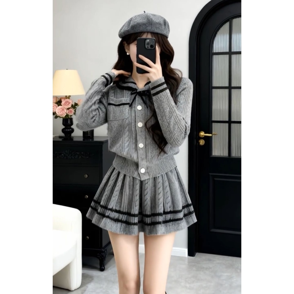 2025新款韩系针织连衣裙子女秋冬学院风海军领针织衫高腰半裙套装