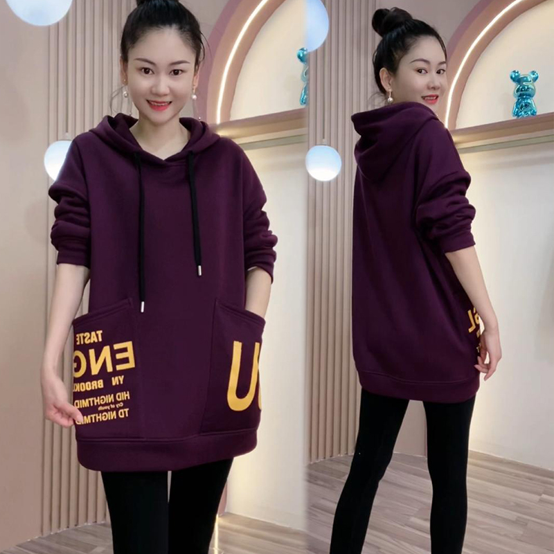 高含棉韩版百搭印花连帽卫衣女2026年春秋新款时尚洋气中长款上衣