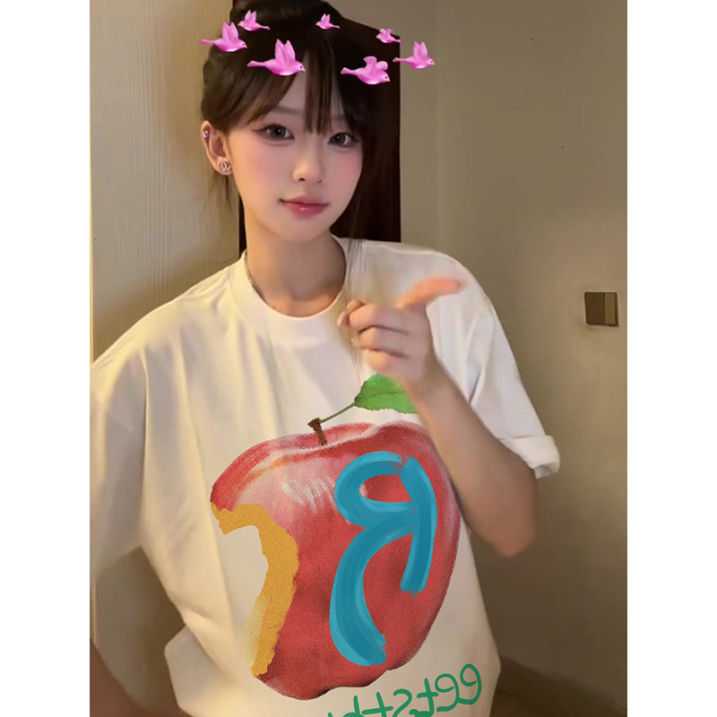 美式复古手绘苹果图案短袖T恤女新款夏季宽松重磅纯棉情侣上衣潮