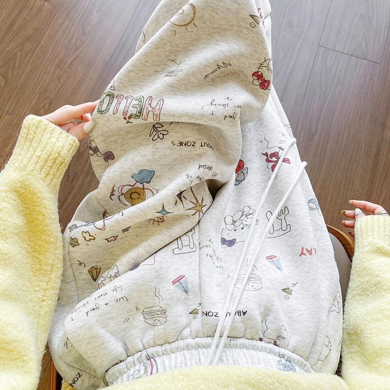 kt猫印花阔腿裤女秋冬加绒高腰2025新款小个子运动裤直筒休闲卫裤