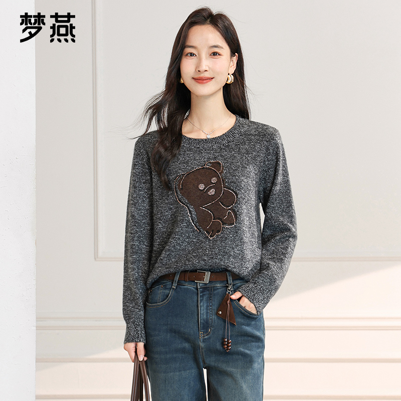 梦燕秋冬女款休闲时尚圆领针织衫宽松舒适印花打底上衣CC02B5009
