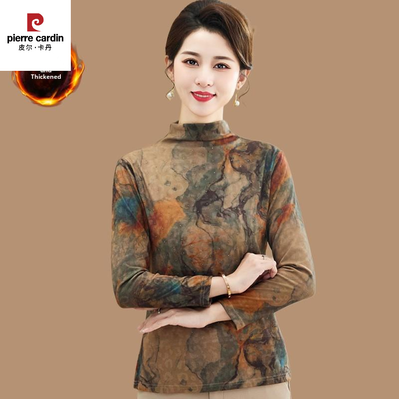 皮尔卡丹妈妈冬装加绒加厚打底衫上衣新款洋气保暖半高领内搭t恤