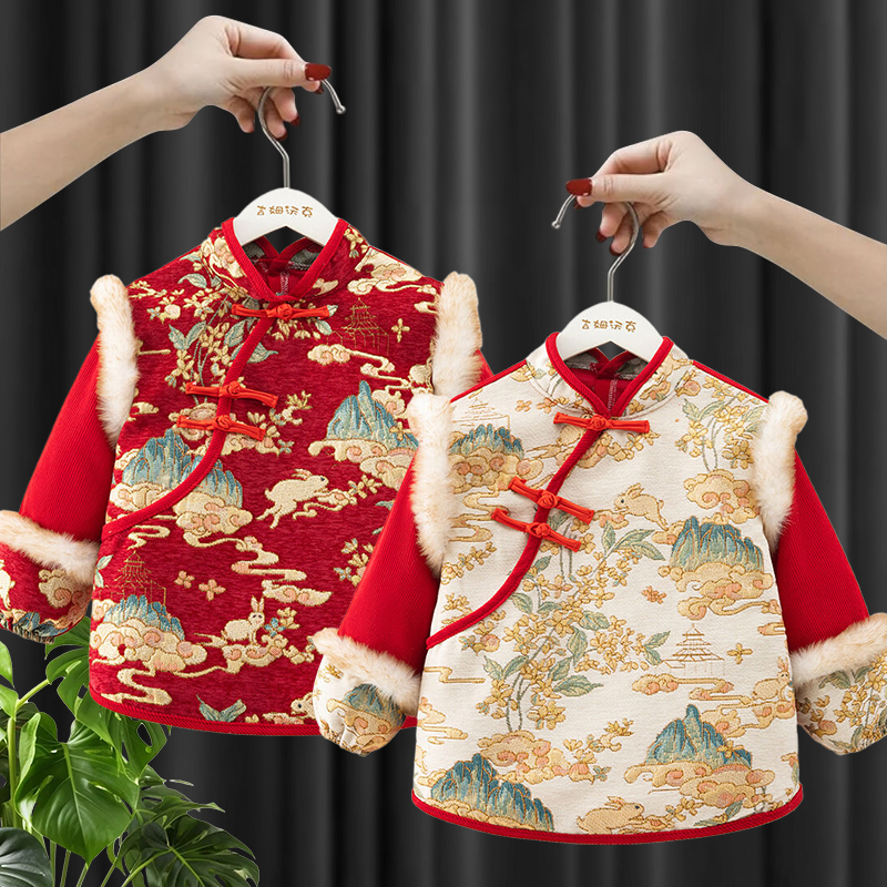 国风宝宝罩衣儿童男女新年喜庆防水防脏反穿衣冬季婴儿围兜拜年服