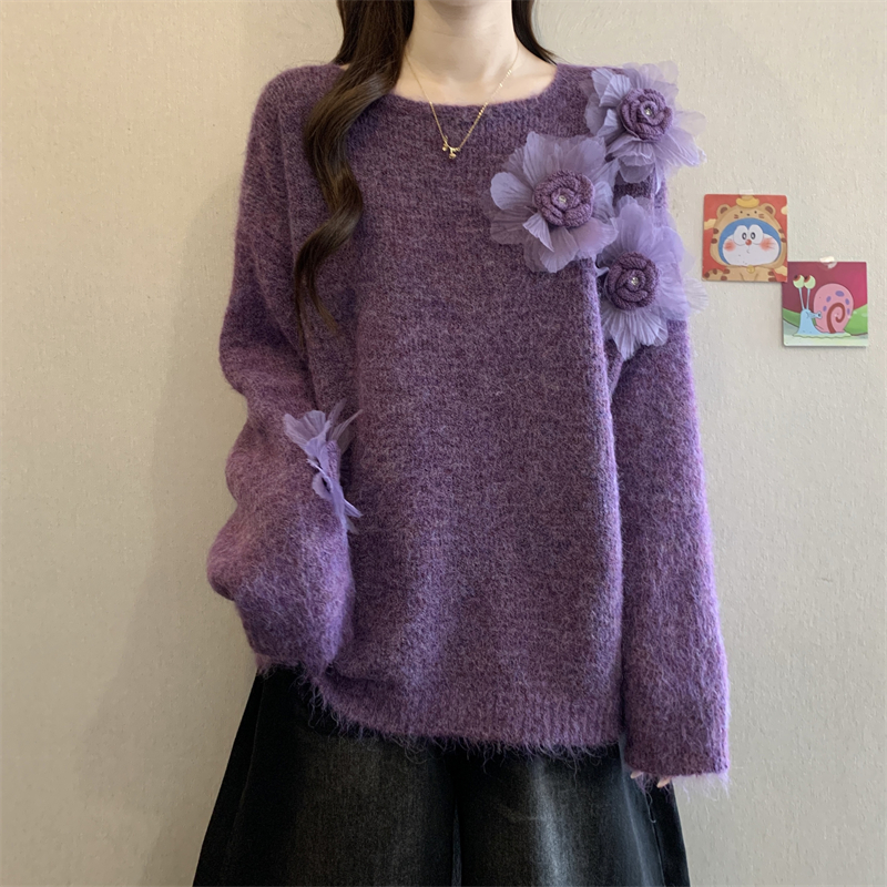 立体花朵针织衫毛衣秋冬季大码女装胖mm显瘦今年流行独特漂亮上衣
