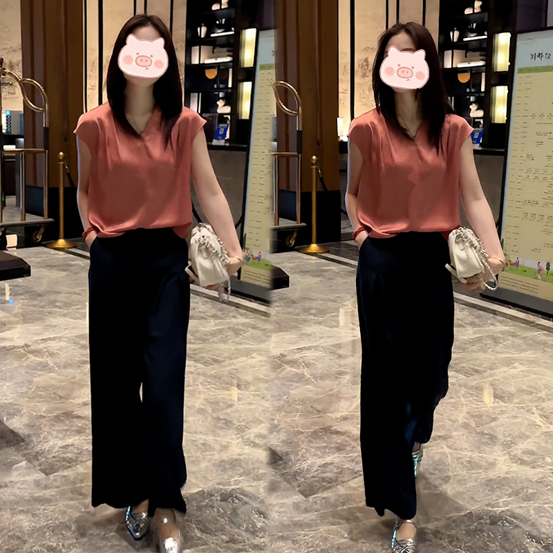 夏季减龄穿搭一整套v领设计上衣短袖搭配宽松简约休闲裤套装女潮