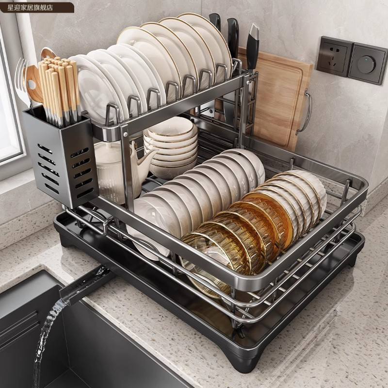 碗碟收纳架沥水篮碗架碗盘碗筷放碗盘子双层新款不锈钢厨房置物架