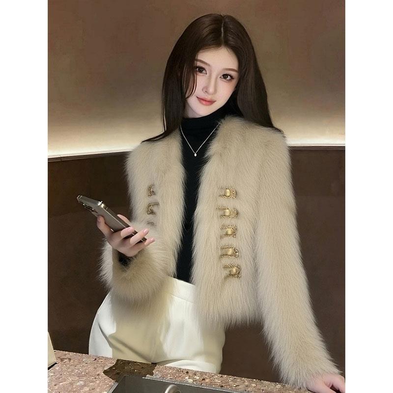 2025新款宽松慵懒风韩版独特漂亮名媛小香风卡其色毛毛外套女冬季