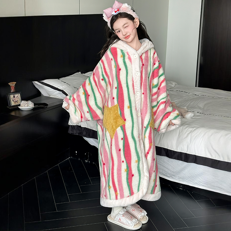 女童加绒加厚法兰绒睡袍2025新款女大童冬季家居服女孩保暖绒睡衣