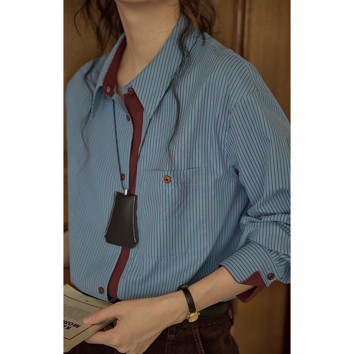 春秋纯棉条纹拼接长袖衬衫撞色设计感宽松上衣潮小众设计感简约潮