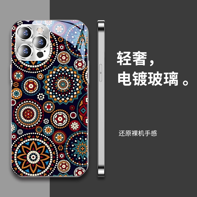 传统花纹适用于情侣iPhone16苹果15卡通手机壳17promax玻璃高级感