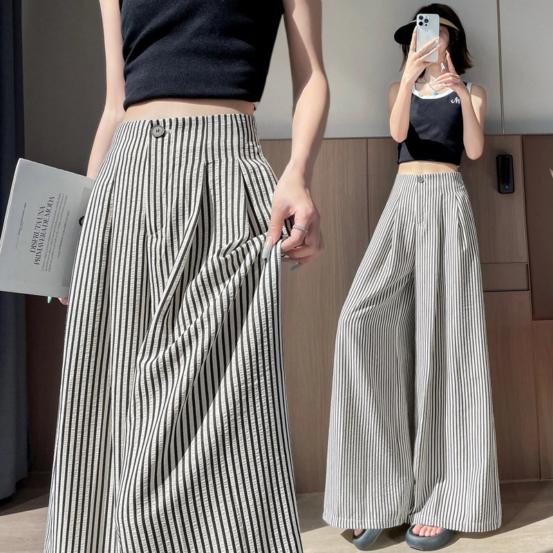 条纹阔腿裤女夏季薄款2025新款高腰显瘦宽松垂感直筒休闲拖地长裤
