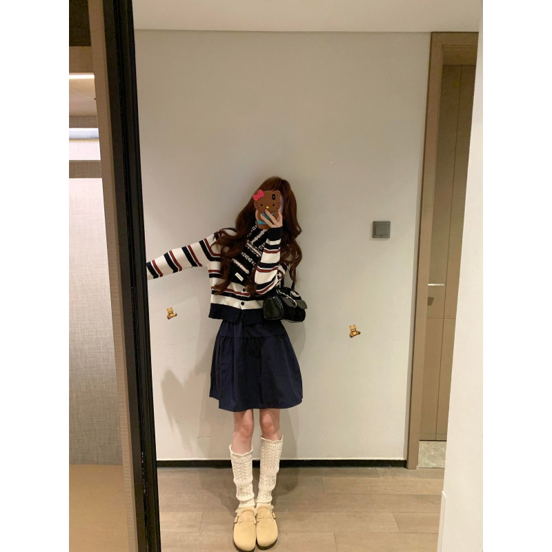 parkyeon韩版miu系条纹针织开衫女秋季新款气质百搭半身裙套装