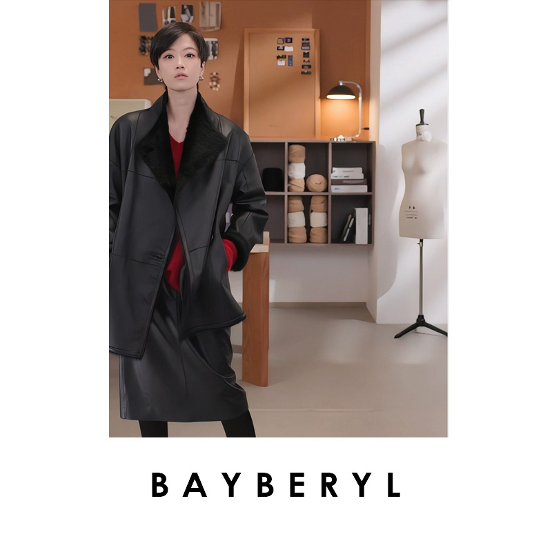 BAYBERYL老贝洛恩*斜门襟排扣宽松秋一体皮衣PY5I3002