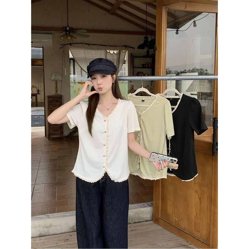 2025夏季新款胖mm大码法式正肩V领短袖T恤小香风百搭蕾丝小衫上衣
