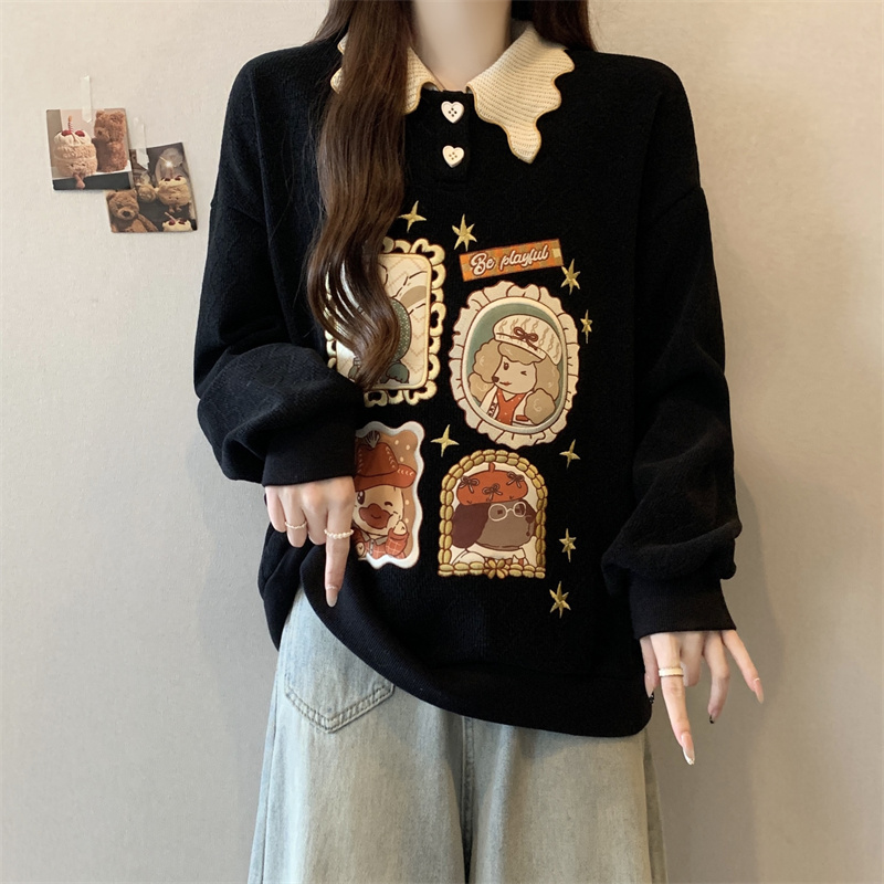 大码女装中长款撞色翻领贴布卫衣女冬季韩系套头显瘦长袖洋气上衣