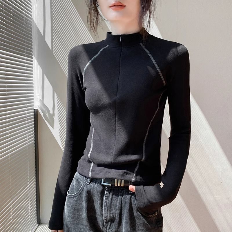 拉链半高领双面德绒长袖恤女秋冬新款修身显瘦内搭保暖打底上衣