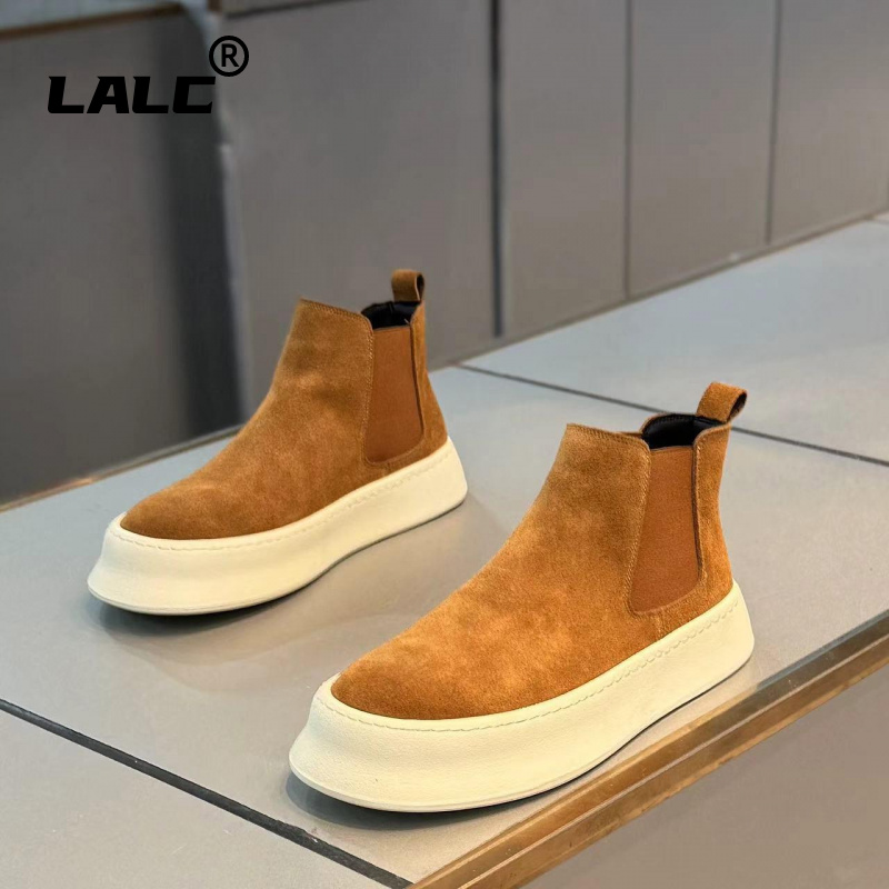 切尔西短靴男2024秋冬新款潮牌磨砂皮马丁靴厚底休闲一脚蹬高帮鞋