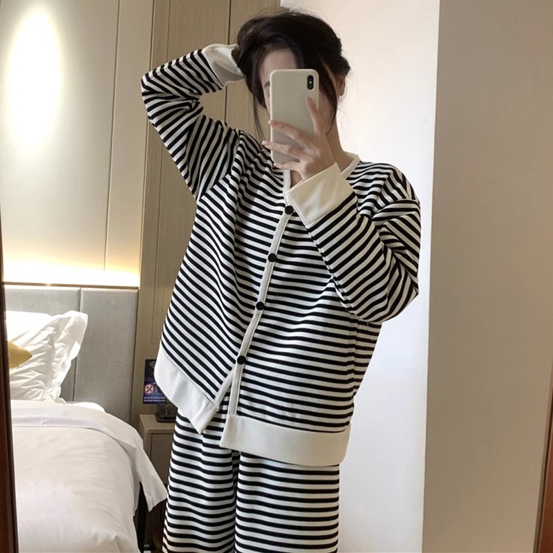 春秋睡衣女长袖纯棉条纹宽松大码简约甜美学生家居休闲服两件套装