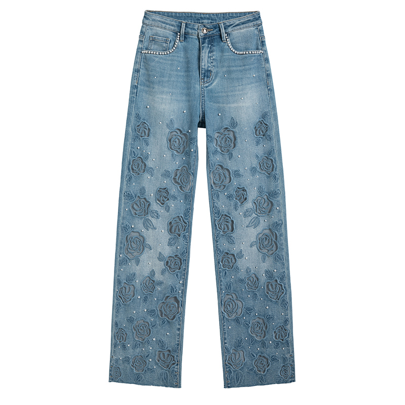 【安哥】夏季设计师新款蓝色玫瑰刺绣钉珠阔腿直筒宽松中高腰8947