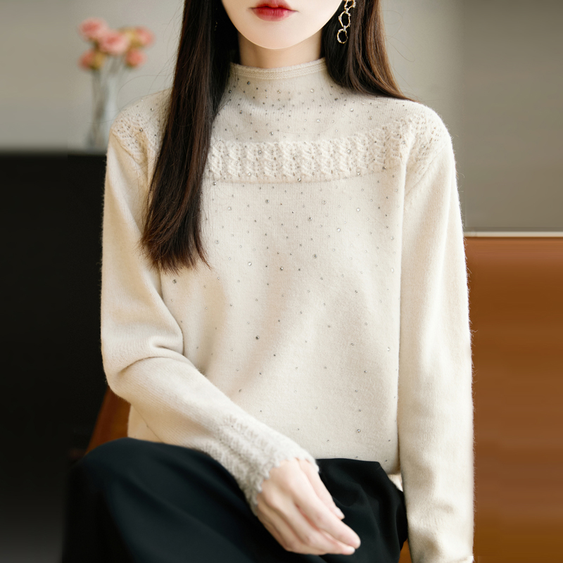 品牌撤柜正品半高领秋冬新款洋气设计感百搭纯色烫钻时尚羊毛衫