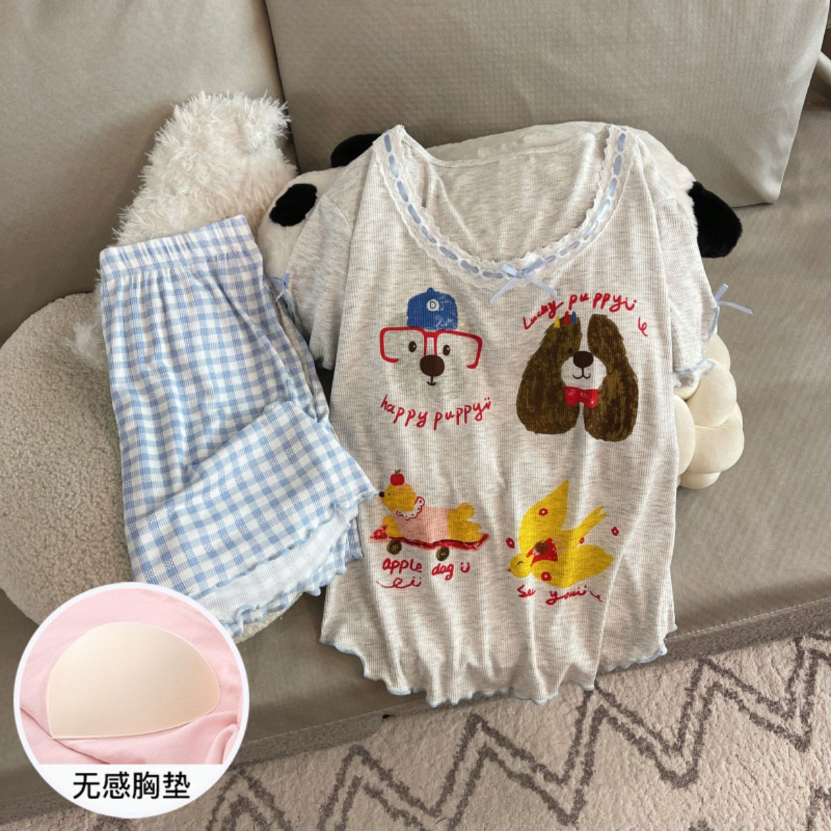 【甜宠小狗】甜美蕾丝撞色睡衣带胸垫套装女夏莫代尔透气凉感家居服