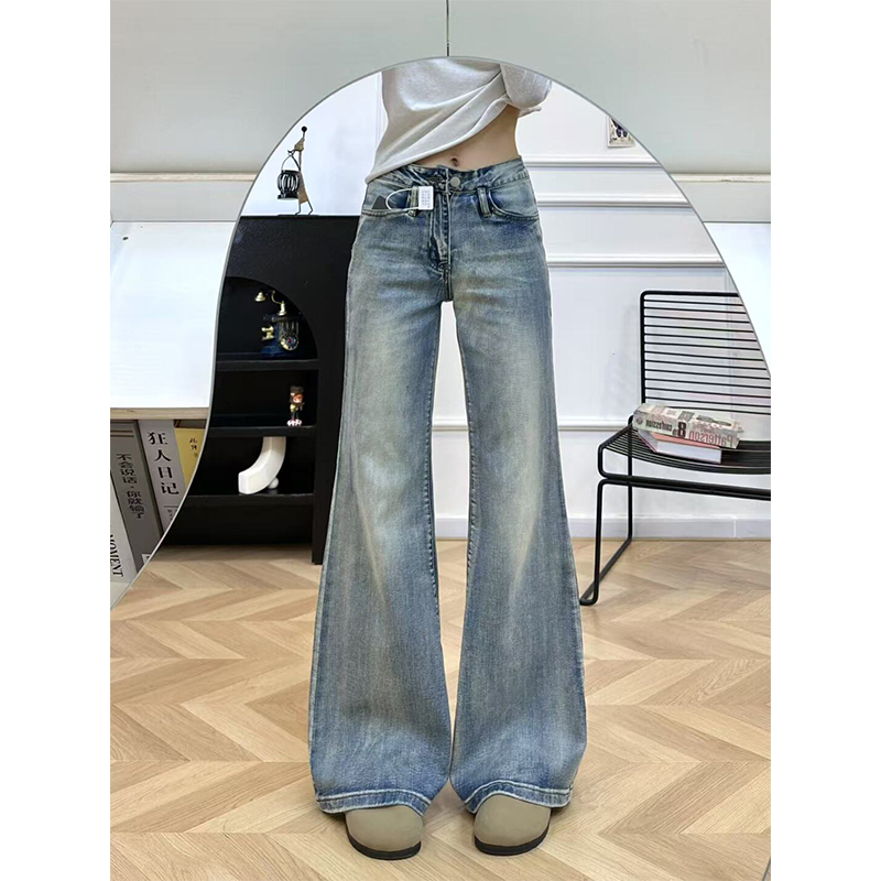松弛感复古水洗磨白微喇牛仔裤女2025秋季新款低腰显瘦垂感直筒裤