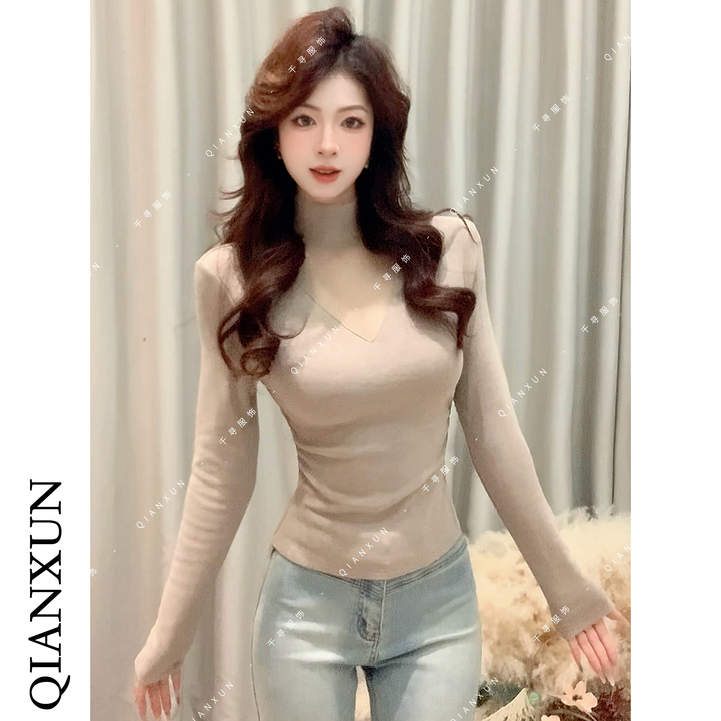 千寻家 褶皱半高领T恤女冬季修身打底衫内搭外穿长袖上衣633