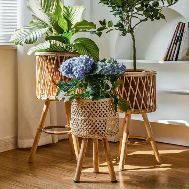 n北欧实木藤编花架客厅沙发边几落地式竹编置物架墙角阳台花盆架