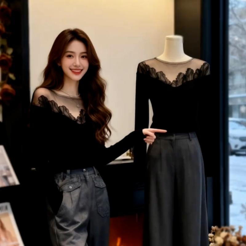 大码性感蕾丝网纱微透黑色针织衫上衣秋冬新款胖mm内搭打底衫毛衣