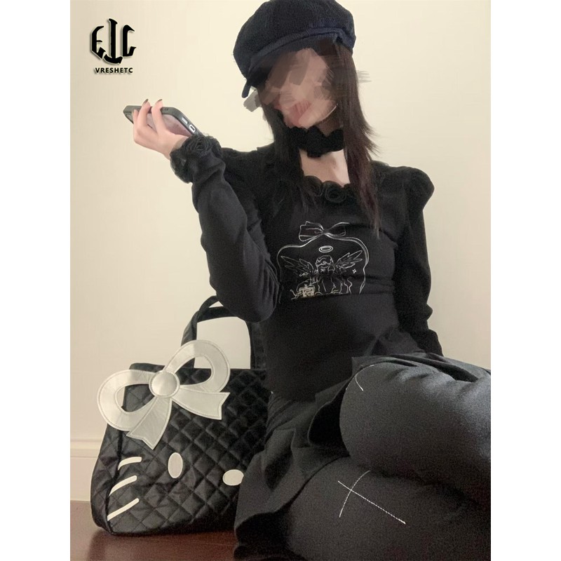 卡通蝴蝶结猫咪双肩包包女2025新款潮时尚可爱托特包菱格大容量包