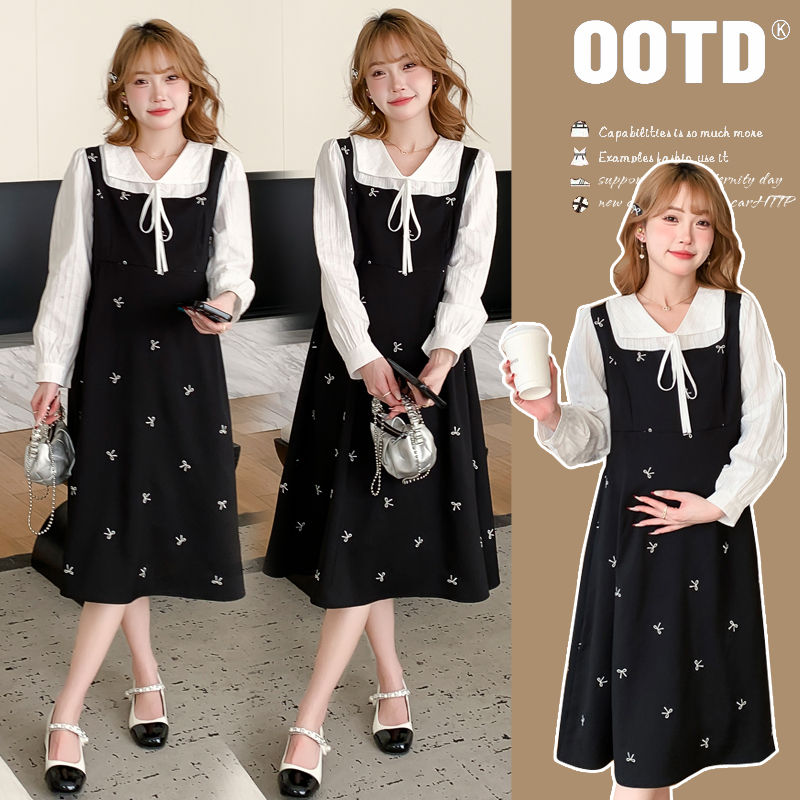 孕妇装2025显瘦刺绣时尚秋装新款韩版拼接假两件甜美宽松孕妇裙