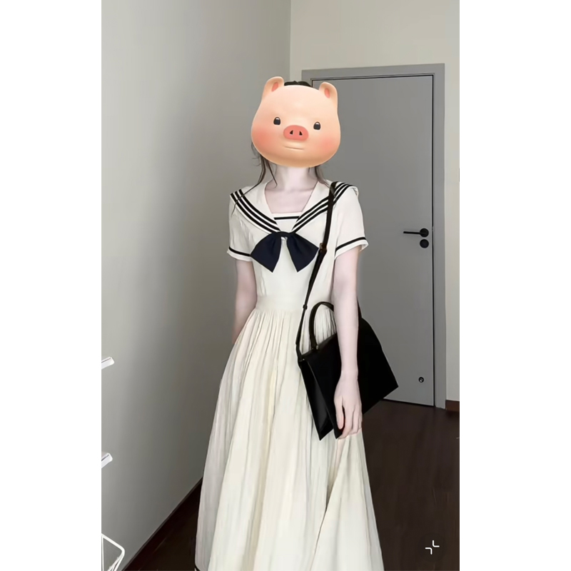 大码【海盐甜心】学院风法式海军领撞色拼接连衣裙女春夏新款长裙子